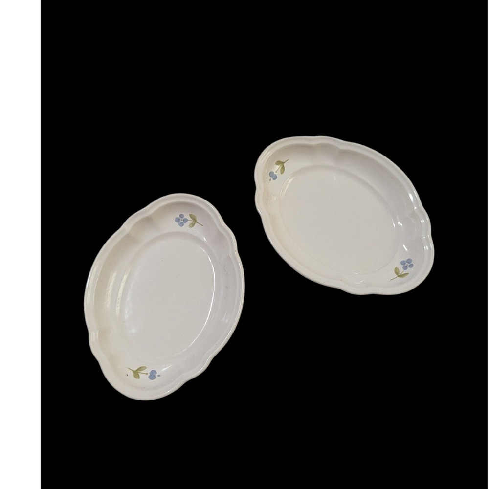 Pfaltzgraff Garland Relish Dish‎ Set of 2 Oval Scalloped Blue Floral Stoneware